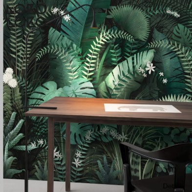 Tropical Intenso - Papel pintado pared ecológico autoadhesivo para salón estudio - Mural plantas vegetación flores - Lokoloko