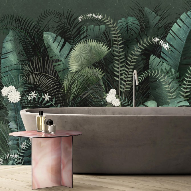 Mural intenso tropical - plataneras, palmeras y monsteras. vinilo lavable autoadhesivo pared baño aseo azulejos