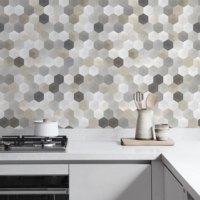 Patrón Cerámico Hexagonal 1. Vinilo lavable, tintas ecologicas, resistente al agua, antibacterias para paredes cocina. Lokoloko