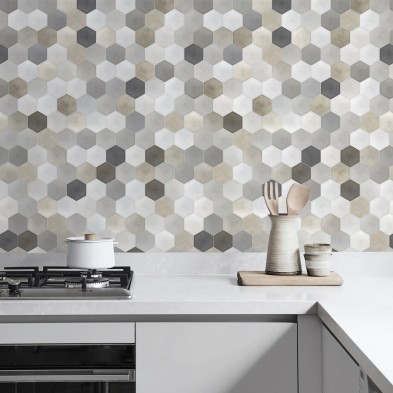 Patrón Cerámico Hexagonal 1. Vinilo lavable, tintas ecologicas, resistente al agua, antibacterias para paredes cocina. Lokoloko