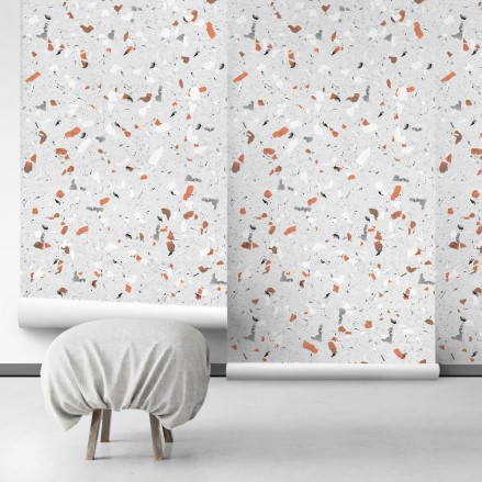 Terrazo Naranja y grises - Papel de pared autoadhesivo ecológico sin PVC. DIY en recibidores, salones, pasillos, dormitorios