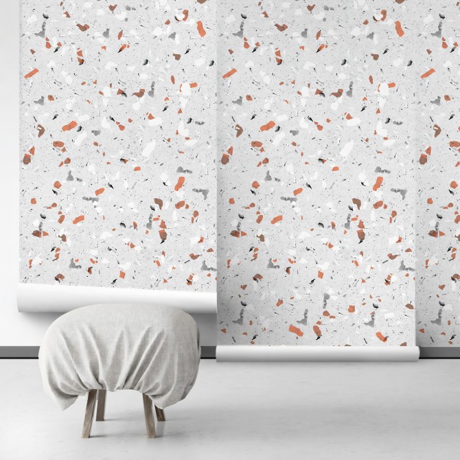 Grey and Orange terrazzo - Self-Adhesive eco-friendly PVC-free wallpaper . DIY Walls halls, salon, living, bedroom