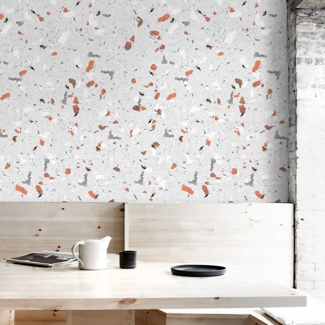Grey and Orange terrazzo - Self-Adhesive eco-friendly PVC-free wallpaper . DIY Walls halls, salon, living, bedroom