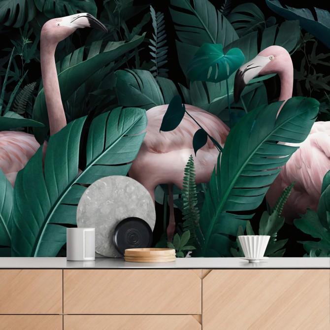 Vinilo autoadhesivo para paredes de mural vegetal con hojas verdes y flamencos rosas.