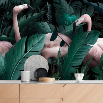 Vinilo autoadhesivo para paredes de mural vegetal con hojas verdes y flamencos rosas.