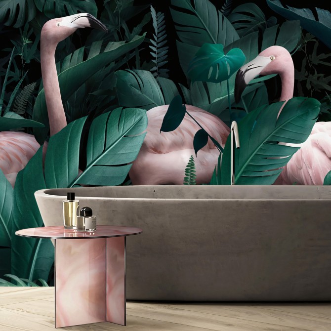Paradiso - Self-adhesive vinyl for wall decor of a big mural wih plants and flamingos