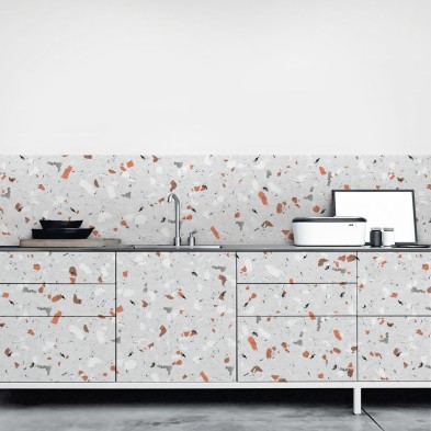 Terrazzo orange and gray. Washable self-adhesive eco inks. Vinyl for furniture kitchen doors tables. Lokoloko