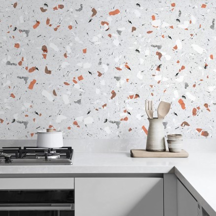 Terrazzo orange and gray. Washable self-adhesive eco inks. Vinyl for walls tiles kitchen backsplash. Lokoloko