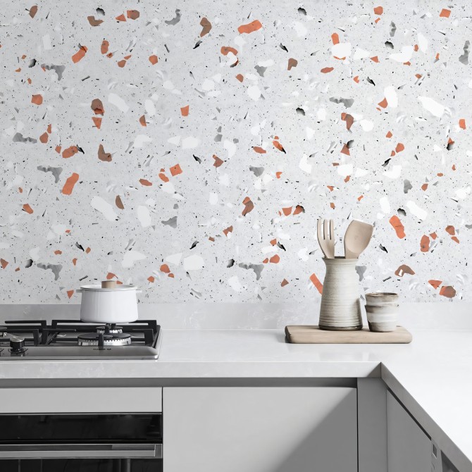 Terrazzo orange and gray. Washable self-adhesive eco inks. Vinyl for walls tiles kitchen backsplash. Lokoloko