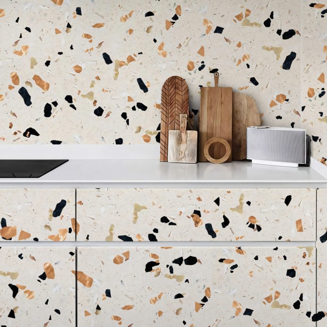 Terrazo cálido contrastado -vinilo autoadhesivo opaco laminado lavable para muebles paredes suelos cocinas mesas lokoloko