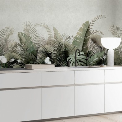 Atardecer Tropical, vinilo lavable opaco para cocinas paredes, frentes y copetes azulejos, verdes y palmeras, Lokoloko