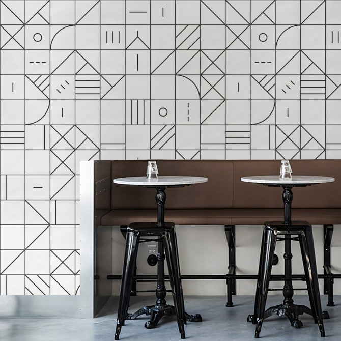 Azulejos geometría bauhaus negro - Papel pintado autoadhesivo sin pvc ecologico para recibidores, salones o dormitorios