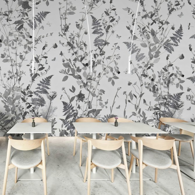 Tempus - Mural de vinilo lavable autoadhesivo para paredes restaurantes, cafeterias hoteles, flores grises