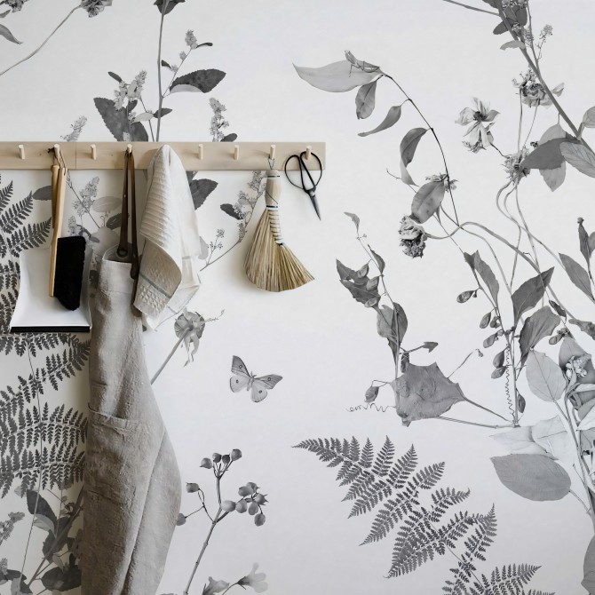 Tempus - Eco-friendly self-adhesive wallpaper mural for hall walls - grey leaves garden - Lokoloko