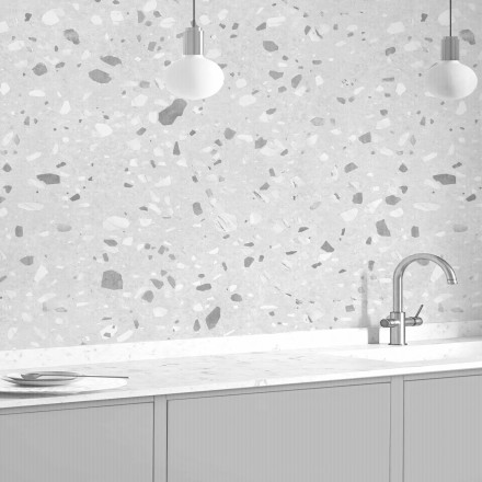 Terrazo Marmol Calacatta - vinilo lavable, autoadhesivo y opaco para paredes de cocinas en tonos gris y marrón.