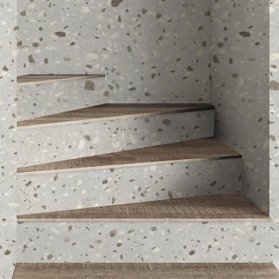 Terrazo Mármol Calacatta - vinilo Lokoloko, lavable y autoadhesivo para suelos y escaleras. Diseño en tonos gris y marrón.