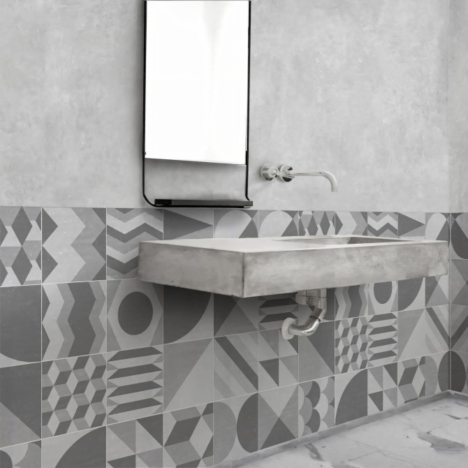 Geometría vintage clara. Vinilo lavable texturizado, tintas ecologicas, resistente al agua, antibacterias para paredes de baños.