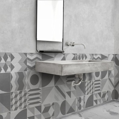 Geometría vintage clara. Vinilo lavable texturizado, tintas ecologicas, resistente al agua, antibacterias para paredes de baños.