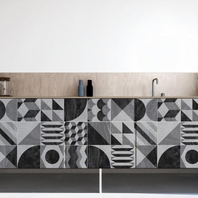 Geometría vintage oscura. Vinilo lavable texturizado, tintas ecologicas, resistente al agua, para forrar muebles de cocina.