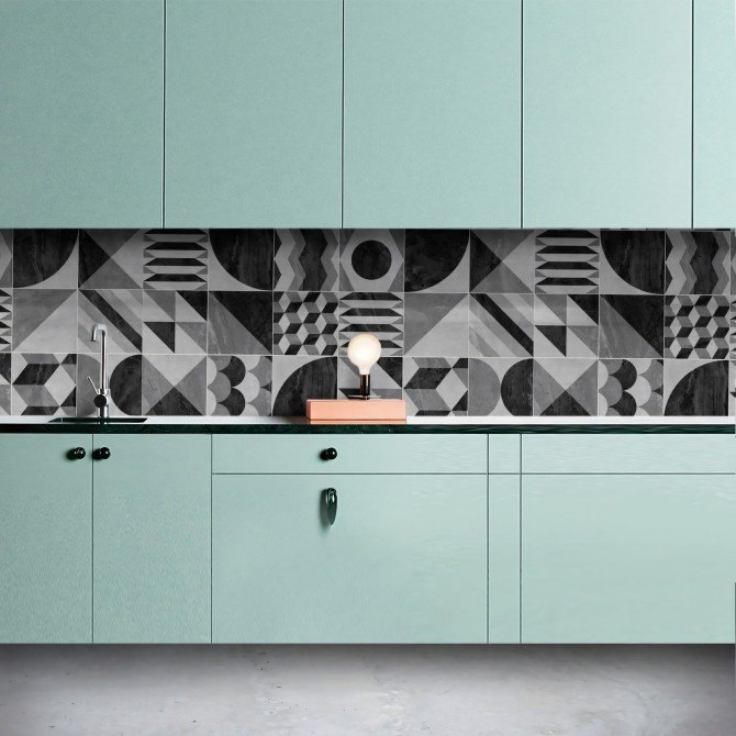Geometría vintage oscura. Vinilo lavable texturizado, tintas ecologicas, resistente al agua, para forrar muebles y paredes.