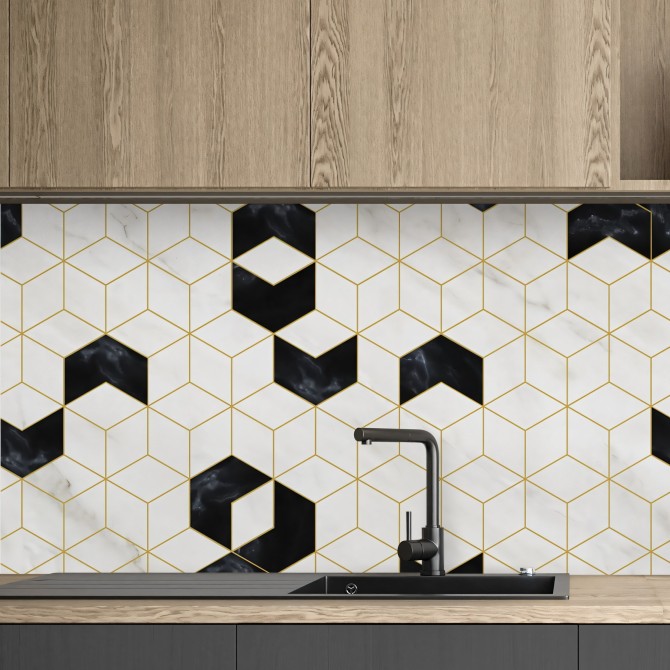 Art Deco Hexagons. Washable, texture vinyl, eco-friendly inks, water resistant, for tiles and backslash Kitchen. Lokoloko