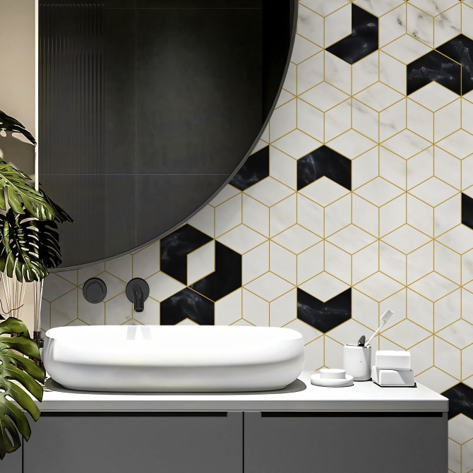 Hexágonos Art Decó. Vinilo lavable texturizado, tintas ecologicas, resistente al agua, para paredes de baños. Lokoloko