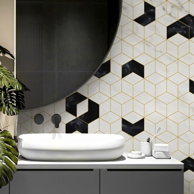 Hexágonos Art Decó. Vinilo lavable texturizado, tintas ecologicas, resistente al agua, para paredes de baños. Lokoloko