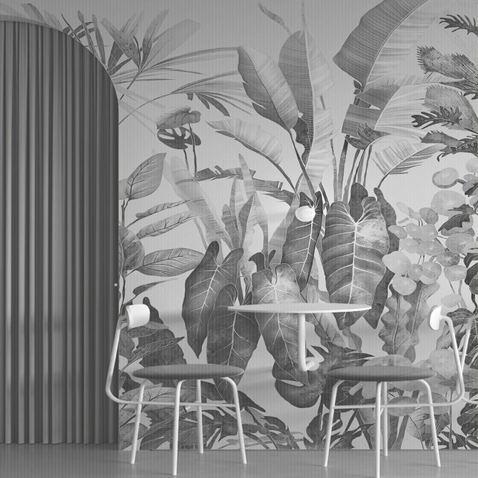 Tropicalia blanco y negro - Mural de Vinilo autoadhesivo lavable para forrar paredes restaurante palmeras monsteras lokoloko