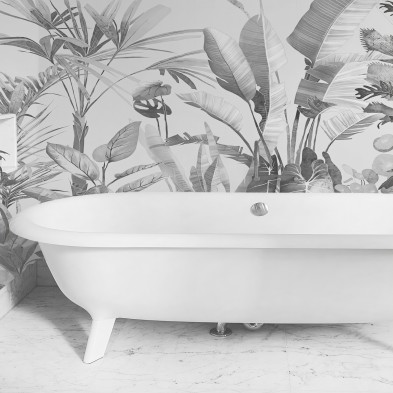 Tropicalia blanco y negro - Mural de Vinilo autoadhesivo lavable para paredes ducha baños aseos palmeras monsteras lokoloko