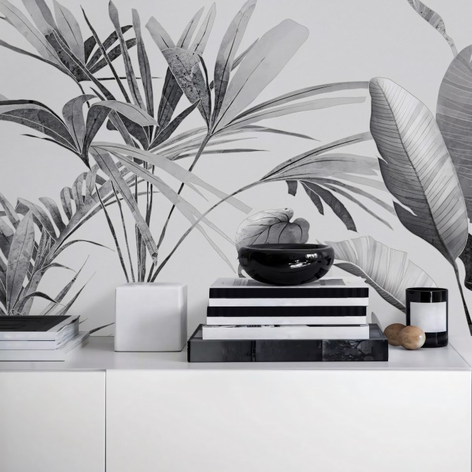 Tropicalia Blanco y Negro - Mural de Papel pared autoadhesivo ecológico sin pvc salon comedor lokoloko