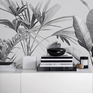 Tropicalia Black & White- self-adhesive ecological free pvc wall mural. Tropical style, nordic, bedroom, hall, salon