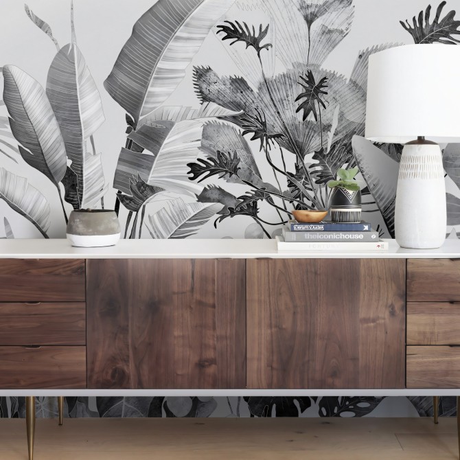 Tropicalia Blanco y Negro - Mural de Papel pared autoadhesivo ecológico sin pvc salon comedor lokoloko