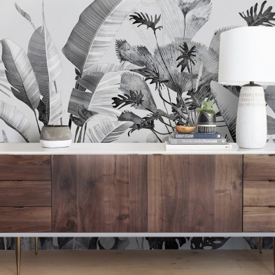 Tropicalia Black & White- self-adhesive ecological free pvc wall mural. Tropical style, nordic, bedroom, hall, salon