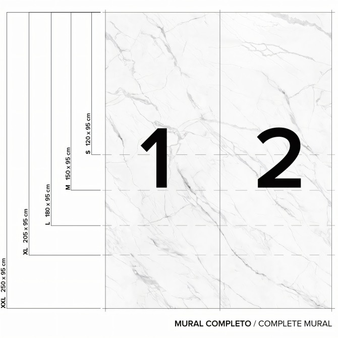 Mármol Calacatta Blanco - Medidas del mural Lokoloko, lavable y autoadhesivo para paredes, muebles y suelos. En blanco y gris.