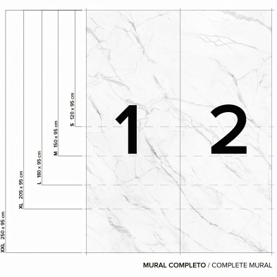 Mármol Calacatta Blanco - Medidas del mural Lokoloko, lavable y autoadhesivo para paredes, muebles y suelos. En blanco y gris.