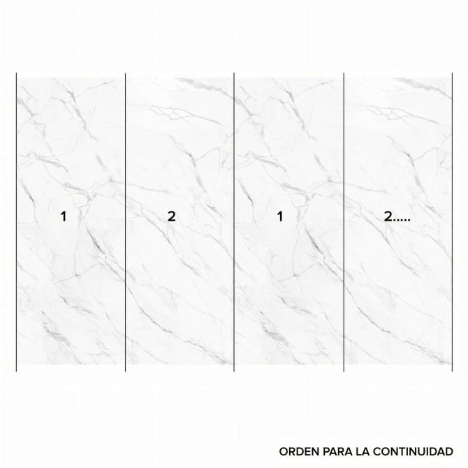 Mármol Calacatta Blanco - Mural y su continuidad. Vinilo lavable y autoadhesivo para superficies, en color blanco y gris.