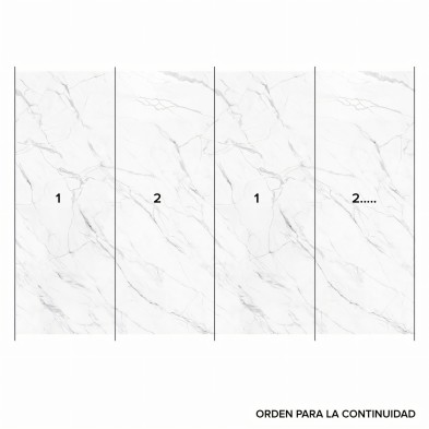 Mármol Calacatta Blanco - Mural y su continuidad. Vinilo lavable y autoadhesivo para superficies, en color blanco y gris.