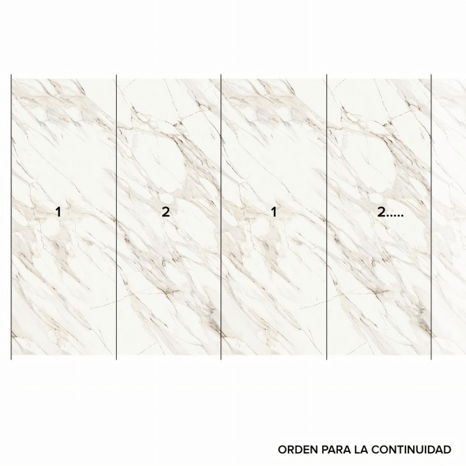 Mármol Calacatta Oro - Mural y su continuidad. Vinilo lavable y autoadhesivo para superficies, en color blanco y tierra.