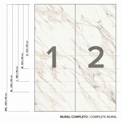 Mármol Calacatta Oro - Medidas del mural Lokoloko, lavable y autoadhesivo para paredes, muebles y suelos. En blancos y tierra.