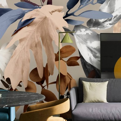 Glam - Papel pintado pared ecológico autoadhesivo para paredes dormitorios cabeceros - Hojas tierra azul blanco - Lokoloko.