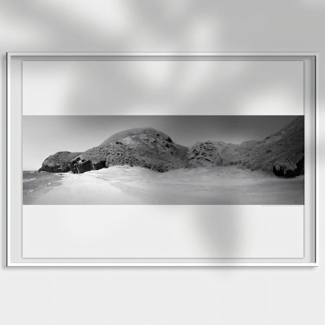 Photographic poster on textured eco-friendly wallpaper of Barronal Cove in Cabo de Gata Natural Park. Black & white. Lokoloko