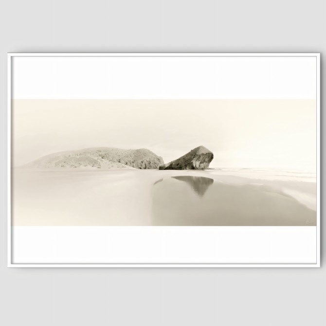 Photographic poster on textured eco-friendly wallpaper of Mónsul beach in the Cabo de Gata Natural Park, Almería. Sepia tone.