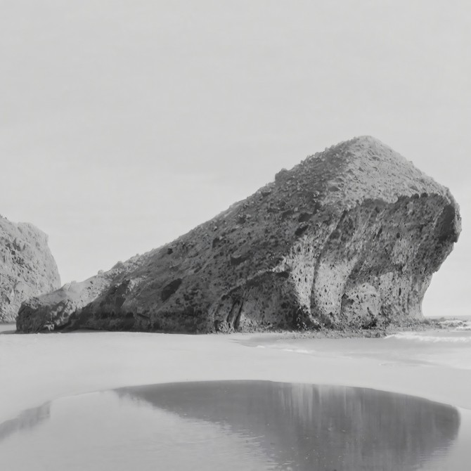 Photographic poster on textured eco-friendly wallpaper of Mónsul beach, Almería. Black and white. Lokoloko
