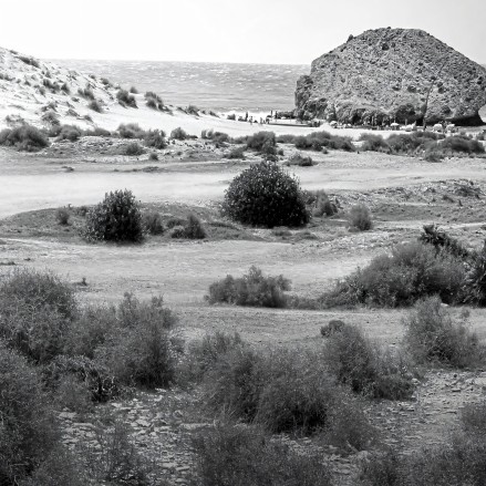 Póster fotográfico en papel ecológico texturizado de la playa de Mónsul y su dona fosil. Cabo de Gata, Blanco y negro. Lokoloko