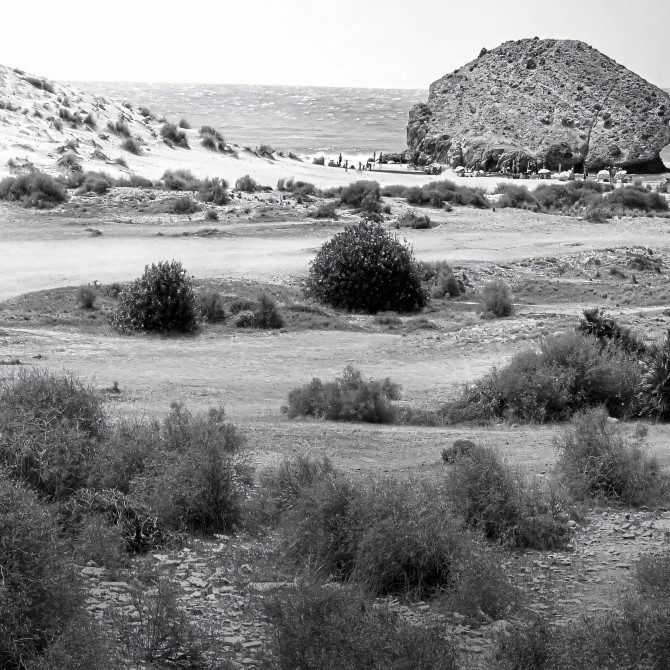 Photographic poster on textured eco-friendly wallpaper of Monsul Beach with Fossil Dune, Black & white. Lokoloko