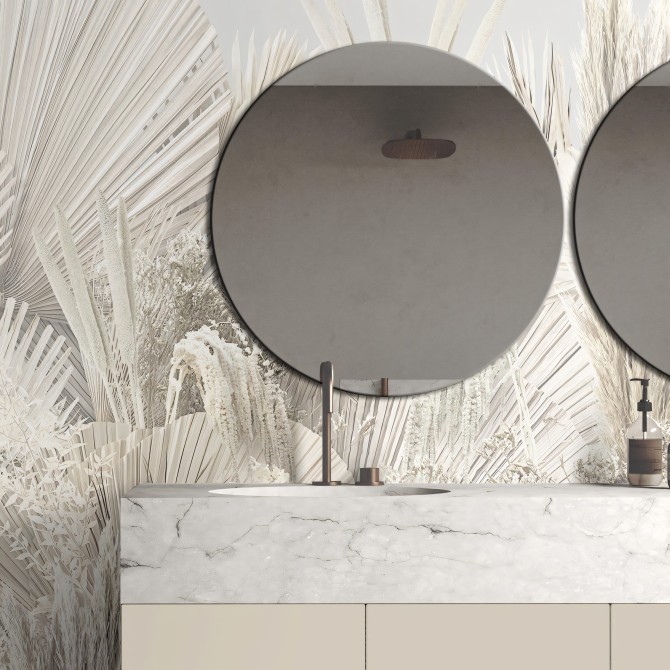 Ibiza - Mural de vinilo lavable autoadhesivo para paredes azulejos de baños lavabo, duchas o bañeras, hojas  minimalismo calido