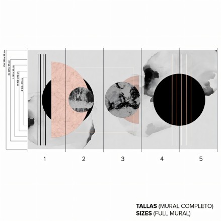 Abstracción y Geometría - Mural de vinilo autoadhesivo lavable opaco para paredes de salón. Negro, gris, rosa. Lokoloko