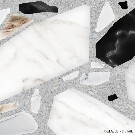 Terrazo Celestia- Vinilo autoadhesivo, lavable para paredes de baño y aseos. Lokoloko en blancos, negros y tierras sobre gris.