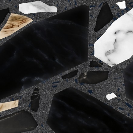 Terrazo Correr. Vinilo lavable para suelos de baños. Con piedras negras, blancas y tierra sobre base gris oscura. Lokoloko