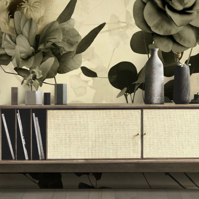 Deva - Papel pintado pared ecológico autoadhesivo superficies lisas salón recibidor pasillos - flores hojas cálido - Lokoloko
